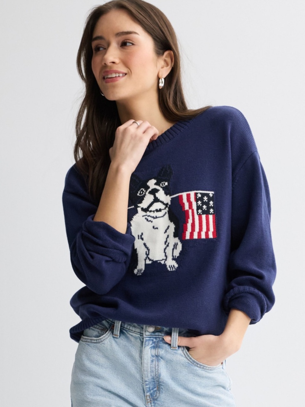 Navy Crewneck Sweater with Dog & Flag Motif - Women